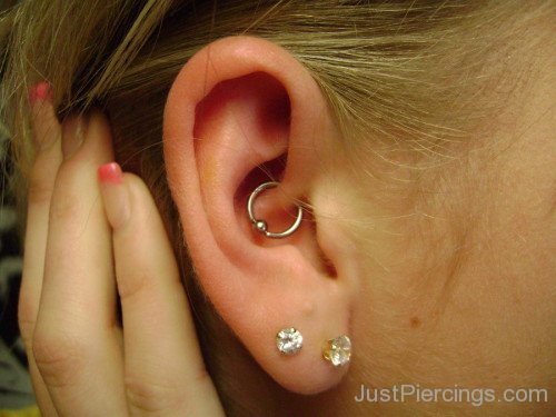 Daith and Silver Stone Lobe Piercing