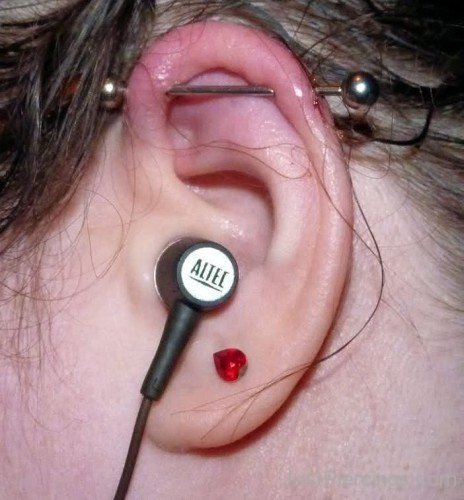 Red Stud Lobe And Scaffold Piercing