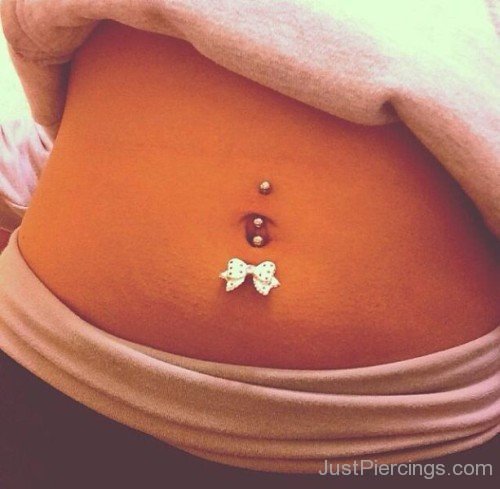 Double Belly Button Piercing With Barbell And Bow Stud-JP1056