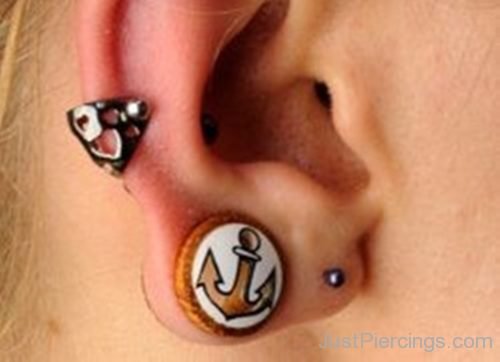 Anchor Lobe And Cartilage Piercing WIth Earcuff Hearts-JP1004