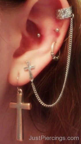 Cartilage And Lobe Piercings With Cross Earrings-JP1025