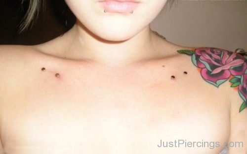 Collar Bone Piercing And Rose Tattoo On Shoulder-JP1045