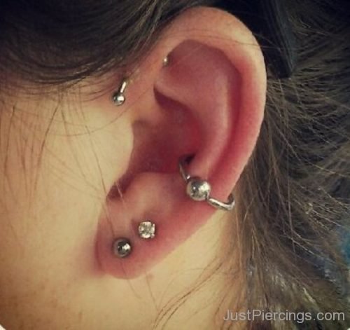 Conch Piercing WIth Ball Closure Ring And Lobe Piercing 1-JP1069