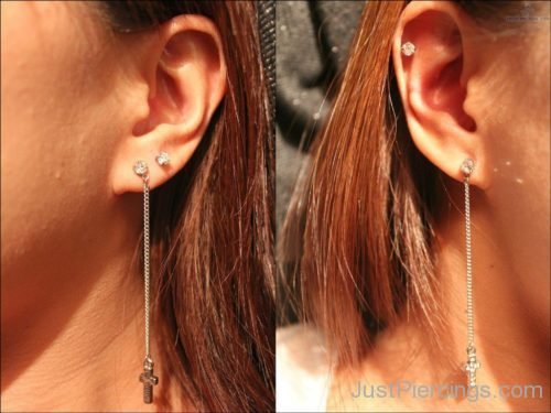 Dual Lobe And Cartilage Piercing With Diamond Studs-JP1094