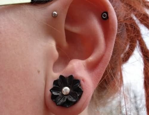 Black Flower Lobe And Cartilage Gauge Ear Piercings-JP1044