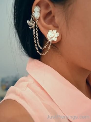 Cartilage To Lobe Bird And White Rose Chain Ear Piercing-JP1003