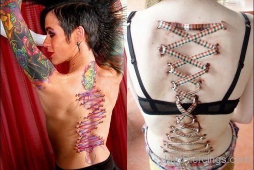 Color Ink Tattoo And Corset Piercing On Back-JP1032