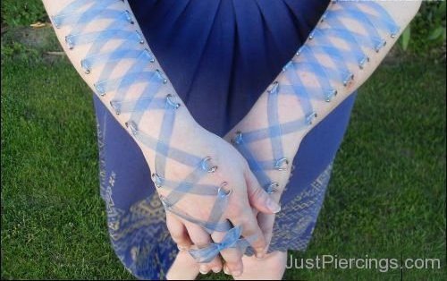 Corset Piercing With Blue Ribbons  On Arms-JP1075