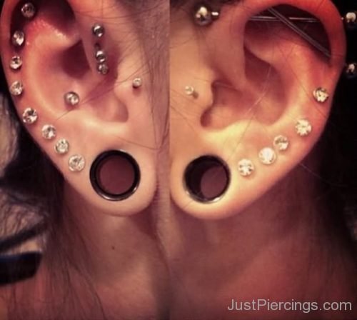 Double Industrial And Crystal Studs Ear Piercing-JP1136