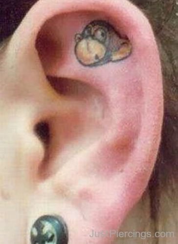 Monkey Face Tattoo And Lobe Gauge Piercing-JP1178