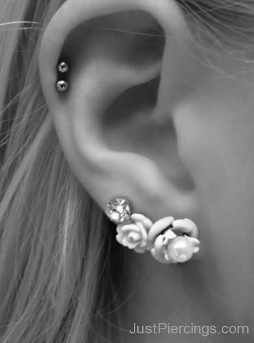 White Rose And Dual Cartilage Ear Piercing-JP1199